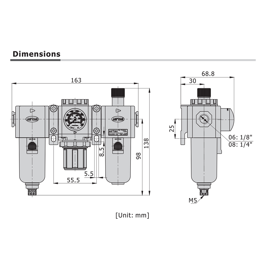 GTC20008LNT AIRTAC SMALL FRL ASSEMBLY<BR>GTC200 SERIES 1/4" NPT P-FILT, REG, LUB 20-58 PSI 40 MIC NO GA